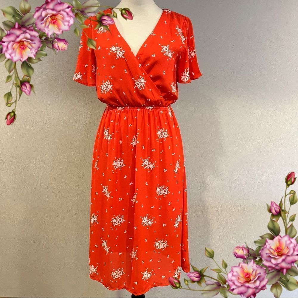 Floral Red v-neck‎ short sleeves mini Dress